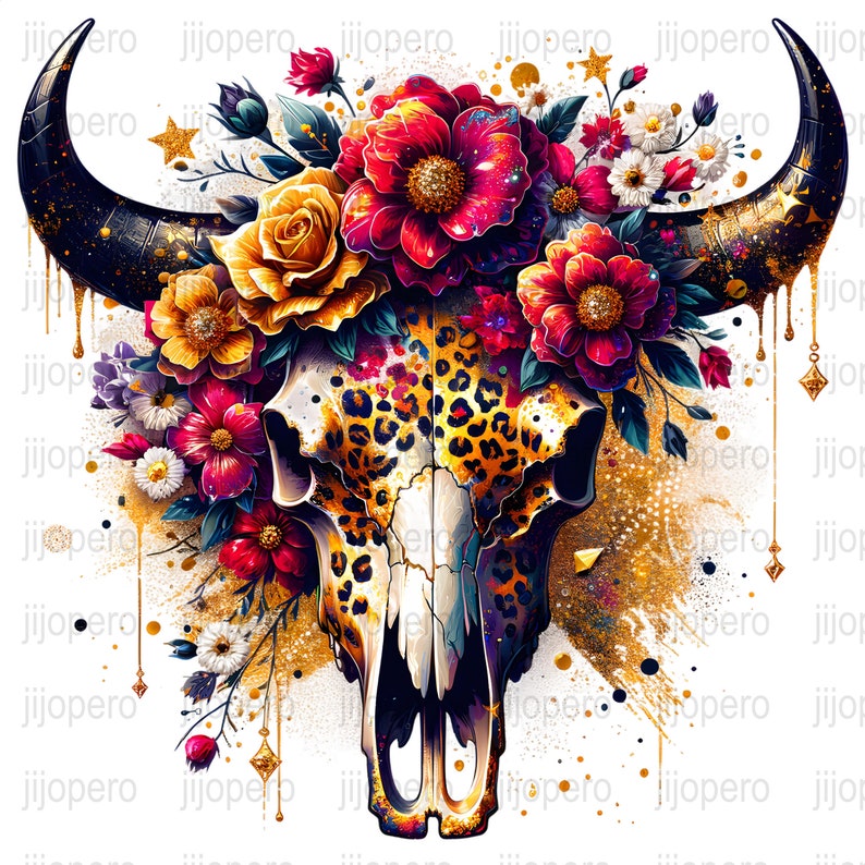Bohemian Skull Floral Moon Art Print, Vibrant Bull Skull With Flowers ...