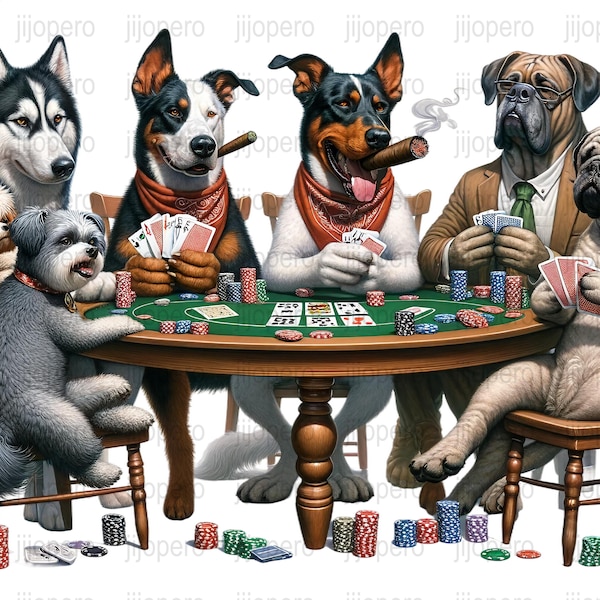 Dogs Playing Poker Digital Art PNG, Canine Card Game Illustration Download, Pet Lover Gift, Animal Artwork, Funny Dog Picture Print