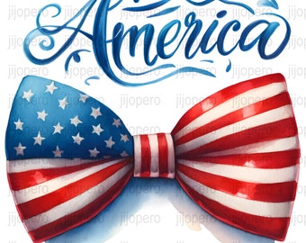 Patriotic Bow Tie America Watercolor Clipart, USA Flag Design, Digital Download PNG, Independence Day Décor, 4th of July Clip Art