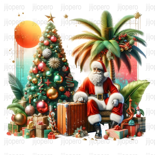 Christmas In July PNG, Tropical Santa Claus Digital Print, Beach Holiday Decor, Festive Xmas Tree Artwork, Vibrant Sunset Illustration