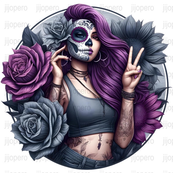 Sugar Skull Woman Art, Digital PNG, Gothic Home Decor, Dia de los Muertos, Printable Wall Art, Tattoo Style Illustration, Dark Floral