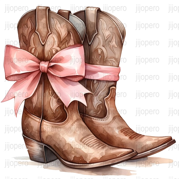 Cowgirl Boots with Pink Bow PNG, Western Clipart, Instant Download, Digital Print, Rustic Country Fashion Illustration