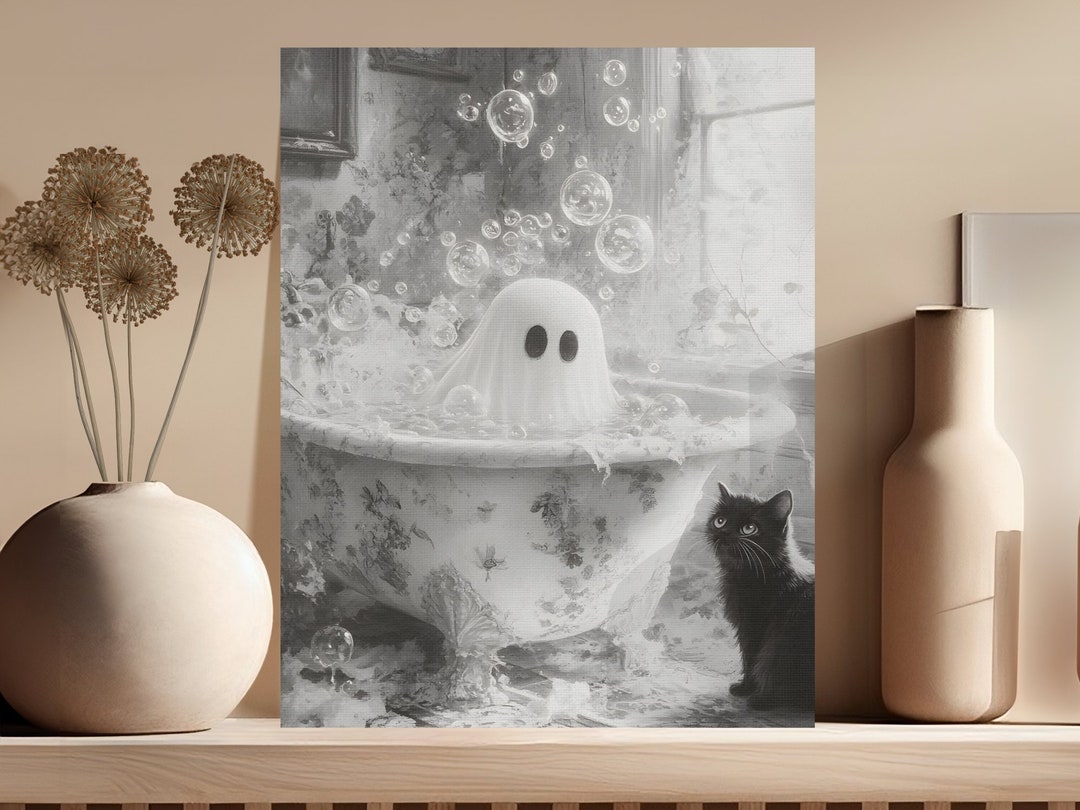 Halloween Ghost in Bathtub With Cat Wall Art, Vintage Aesthetic Spooky Bathroom Decor Print ...