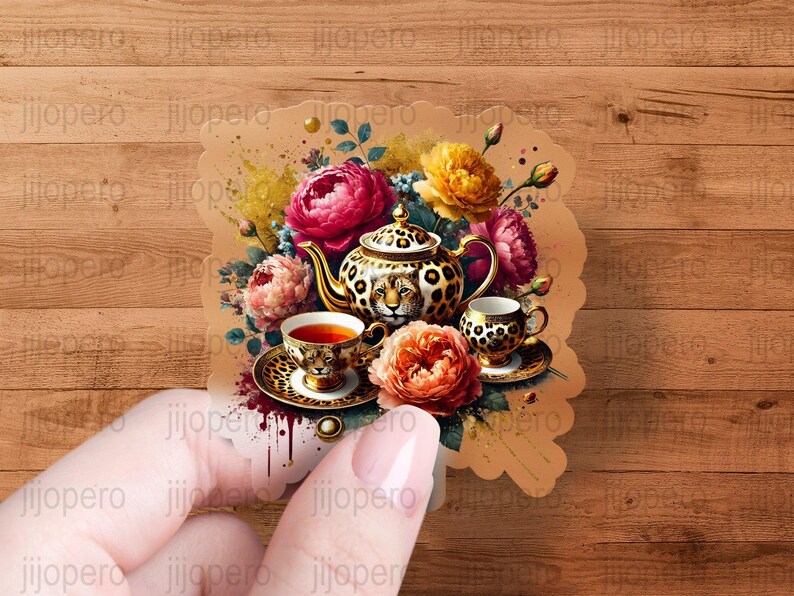 Leopard Print Tea Set Watercolor Floral Art, Botanical Tea Time Print