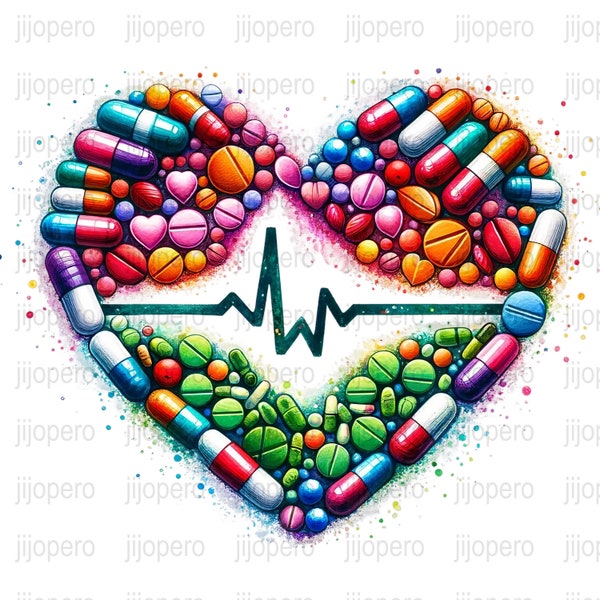 Colorful Pills Heart PNG, Digital Art for Medical Professionals, Healthcare Worker Gift, Pharmacy Wall Decor, Nurse Appreciation Download