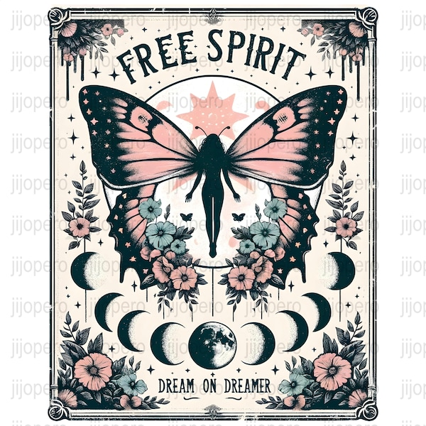 Bohemian Butterfly Art PNG, Digital Download, Free Spirit Poster, Dream On Dreamer, Printable Wall Decor, Vintage Inspired Illustration