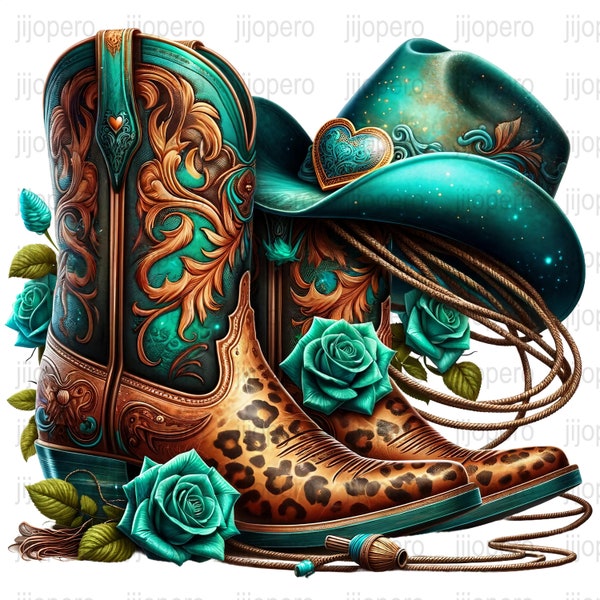 Western Cowboy Boots and Hat PNG, Teal and Brown Digital Art, Rustic Country Western Clipart, Floral Cowboy Boot and Lasso Image