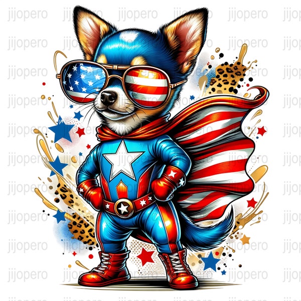 Art numérique patriotique de chien de super-héros, célébration du 4 juillet PNG, Costume drapeau américain, impression téléchargeable de la fête de l'indépendance