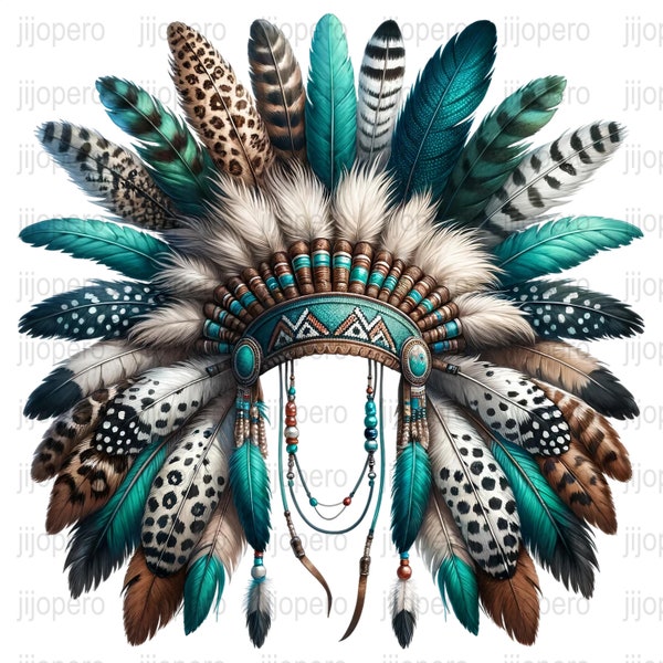 Native American Headdress Digital Art, Boho Chic Wall Decor, Printable Feather Headpiece PNG, Tribal Artwork Instant Download, Ethnic