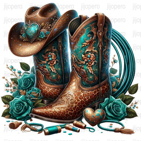 Digital Western Boots Art PNG, Cowboy Hat and Roses Clipart, Turquoise and Brown Boots Printable, Country Style Home Decor Download