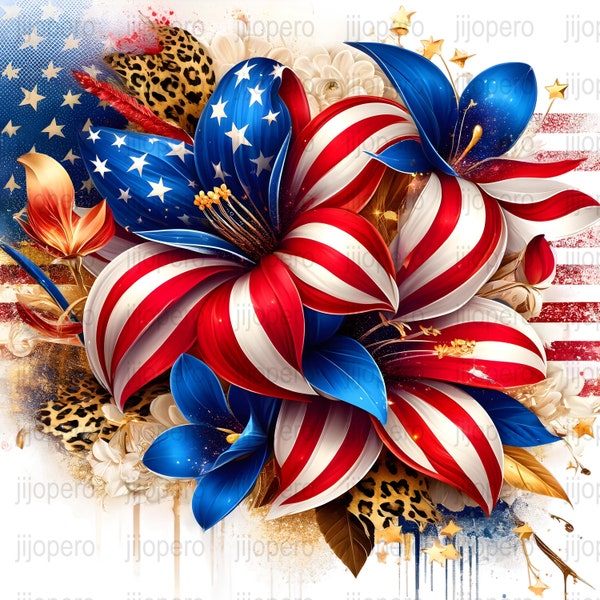 Patriotic Floral Bouquet PNG, Red White Blue Flowers Digital Download, USA Flag Colors Clipart, Independence Day Decoration Image