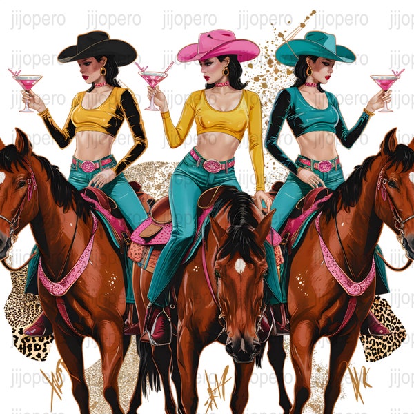 Cowgirl Clipart, Western Fashion Girls png, Digital Download, Horse Riding Illustration, Printable Wall Art, Trendy Outfit Design, Vibrant