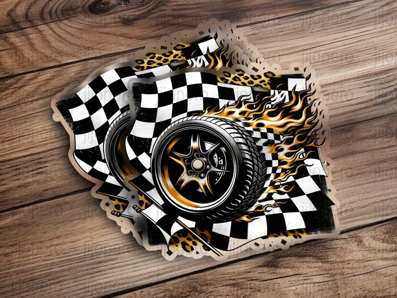 Race Car PNG, Racing Wheel Illustration, Checkered Flag PNG, Flames Art