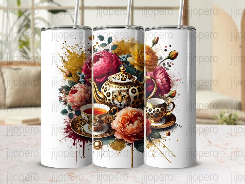 Leopard Print Tea Set Watercolor Floral Art, Botanical Tea Time Print