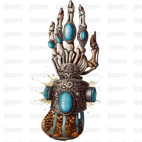 Boho Chic Skeleton Hand PNG, Mystical Turquoise Jewelry Art, Digital Download, Unique Bohemian Decor Print, Trendy Wall Art