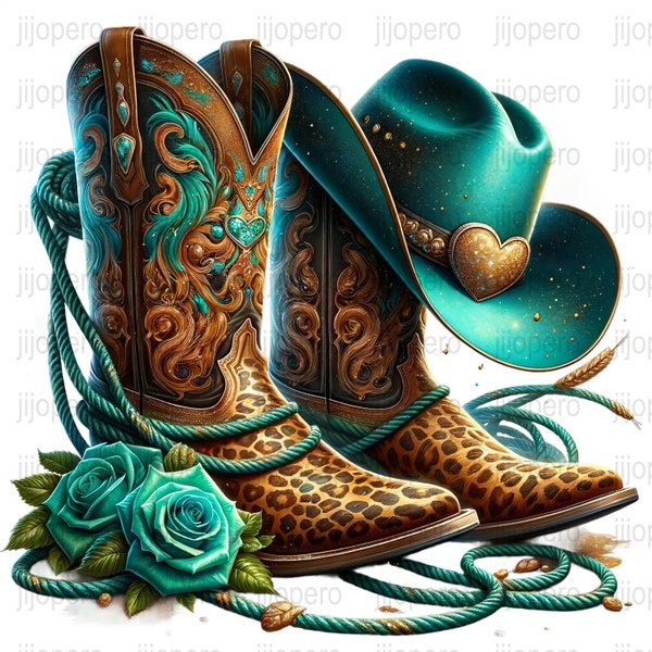 Western Cowboy Boots and Hat Clipart, Digital PNG, Teal and Brown Art, Rodeo Style Illustration, Instant Download, Western Decor