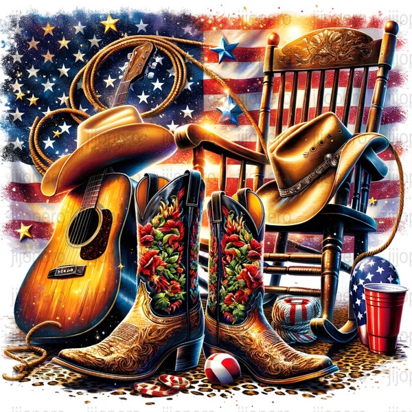 Patriotic Western Art Print, USA Flag, Cowboy Boots Guitar PNG Download, Country Music Americana, Vintage Chair and Hat Digital Decor