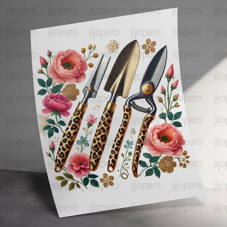 Gardening Tools PNG, Floral Garden Clipart, Leopard Print Shovels