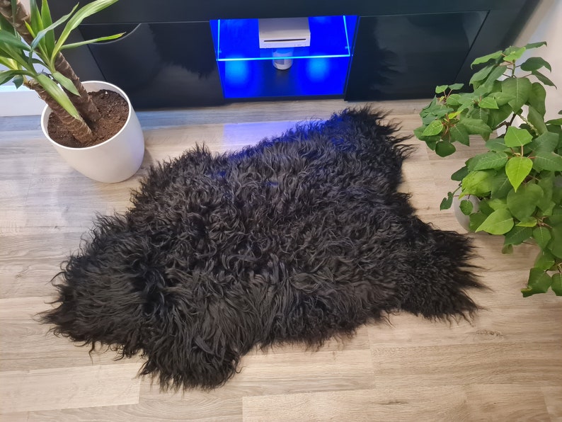 May include: A black sheepskin rug with long, curly, and dense fur. The rug has an irregular, natural shape with a thick, textured pile that covers the entire surface. The deep black color is consistent throughout the entire piece of animal hide.