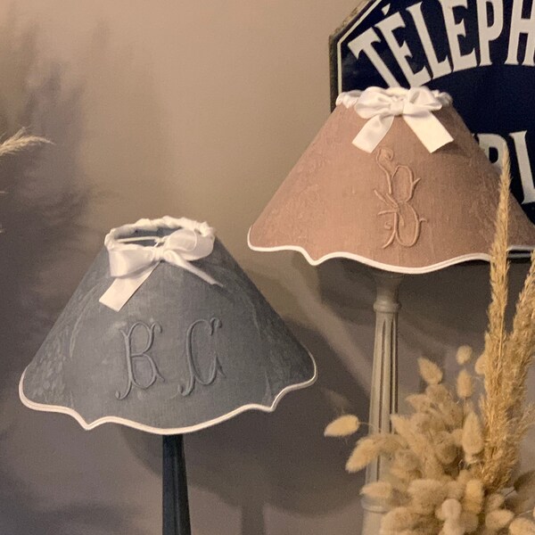 Handmade lampshade with old L and BC monogram linen, lampshade made with old L and BC embroidered linen