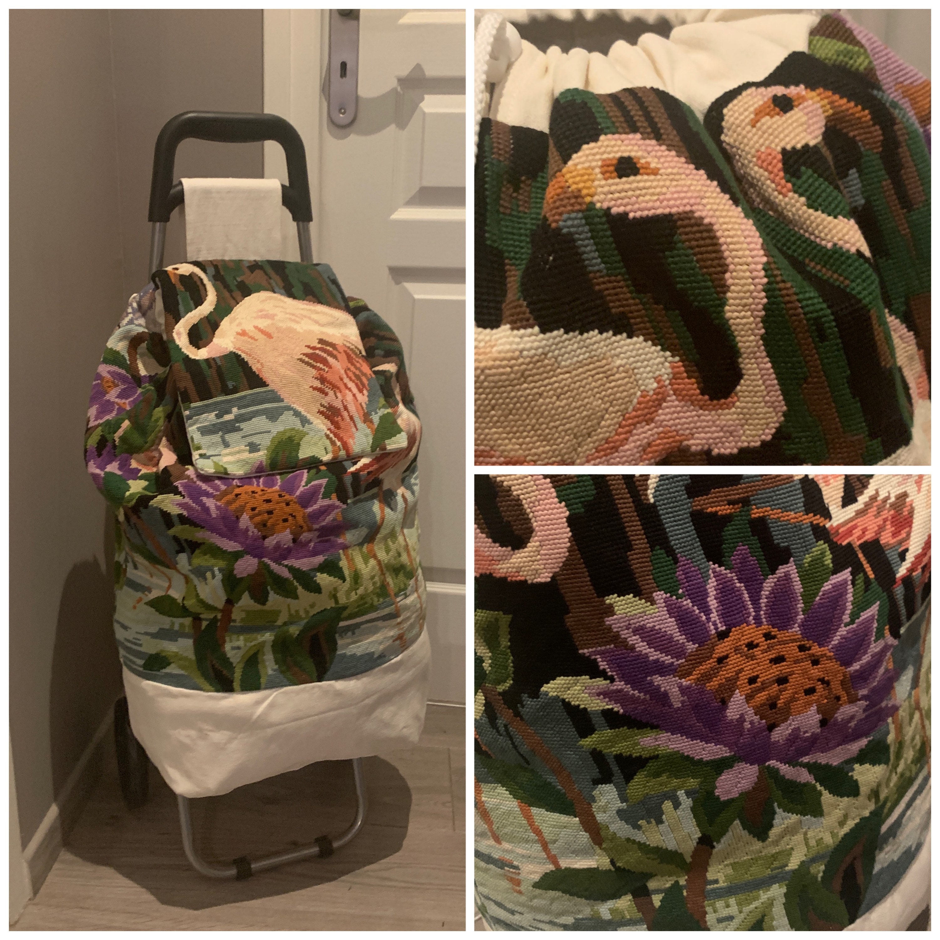 Housse Pour Caddy de Courses Réalisée à La Main en Canevas Aux Flamants Roses , Housse Chariot Fait