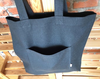 Linen bag with a pocket in graphite and natural grey