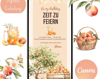 Digital birthday invitation, Canva template, invitation card, WhatsApp, customizable, birthday invitation woman man, summer, peach