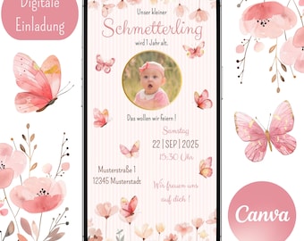 Children's birthday invitation, girl, butterflies, flowers, digital invitation, Canva template, invitation card, WhatsApp, customizable