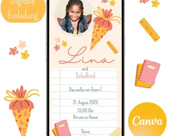 School enrollment invitation, schoolchild, school, school cone, digital invitation, Canva template, invitation card, WhatsApp, customizable