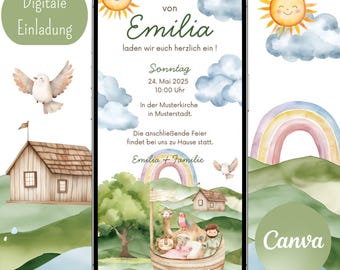 Invitación digital de bautizo, plantilla de Canva, tarjeta de invitación, personalizable, WhatsApp, bautizo niña niño, Arca de Noé, tarjeta de invitación de bautizo