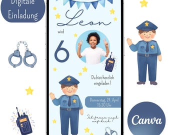 Può includere: Un invito digitale su uno schermo di smartphone, con la foto di un bambino e il nome "Leon". Il design include un tema poliziesco con manette, stelle e il testo "Digitale Einladung". L'invito è per un sesto compleanno.