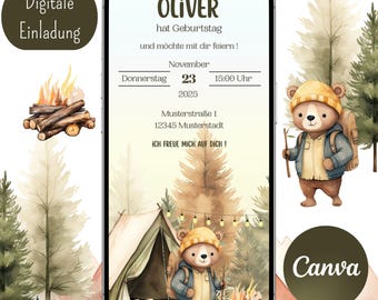 Children's birthday invitation, boy girl, hiking, camping, bear, digital invitation, Canva template, invitation card, customizable