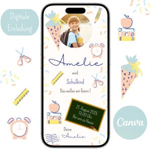 School enrollment invitation, schoolchild, school, school cone, digital invitation, Canva template, invitation card, WhatsApp, customizable