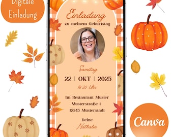 Digitale verjaardagsuitnodiging, Canva-sjabloon, uitnodigingskaart, WhatsApp, aanpasbaar, verjaardagsuitnodiging vrouw man, herfst, pompoen