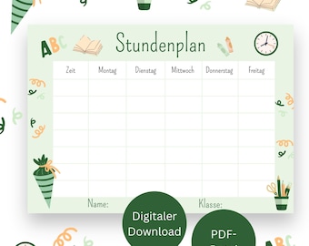 Horario, horario PDF, descarga digital, DIN A4, matrícula escolar, colegio, regalo de matrícula escolar, cono escolar, escolar