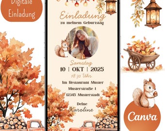 Digitale verjaardagsuitnodiging, Canva-sjabloon, uitnodigingskaart, WhatsApp, aanpasbaar, verjaardagsuitnodiging vrouw man, herfst, pompoen