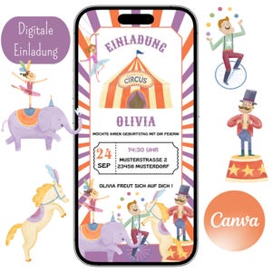 May include: Digital invitation with a circus theme. The design features a circus tent, performers, and the name "Olivia." The invitation includes the date, time, and location. The design is in shades of purple, orange, and white.