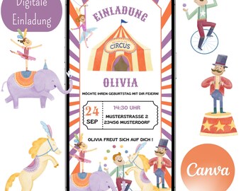 Op de afbeelding: Digitale uitnodiging met een circusthema. Het ontwerp toont een circustent, artiesten en de naam "Olivia". De uitnodiging bevat de datum, tijd en locatie. Het ontwerp is in tinten paars, oranje en wit.