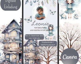 Birthday party invitation for girls, winter fairy, autumn invitation, digital invitation, Canva template, invitation card, customizable
