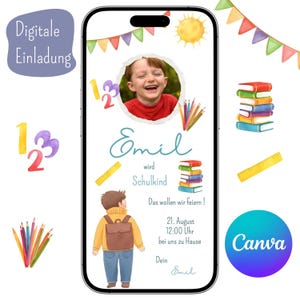 School enrollment invitation, boy, schoolchild, school, digital invitation, Canva template, invitation card, WhatsApp, personalized