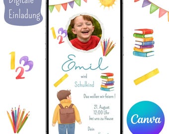 Può includere: Invito digitale con foto di bambino, illustrazioni scolastiche colorate e testo in tedesco. Il design include il testo "Emil wird Schulkind" e il logo "Canva".