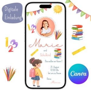 School enrollment invitation, girl, schoolchild, school, digital invitation, Canva template, invitation card, WhatsApp, personalized