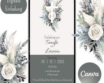 Invitación digital de bautizo, plantilla de Canva, tarjeta de invitación, personalizable, WhatsApp, bautizo niña, bautizo niño, iglesia, flores, cruz