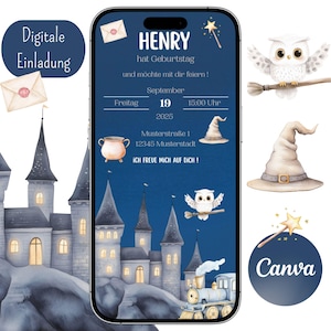 Children&#39;s birthday invitation, girl boy, wizard, magic wand, digital invitation, Canva template, invitation card, customizable