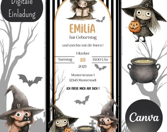 Children's birthday invitation, girl boy, witches, Halloween, digital invitation, Canva template, invitation card, customizable