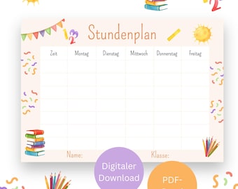 Horario, horario PDF, descarga digital, DIN A4, matrícula escolar, colegio, regalo de matrícula escolar, cono escolar, escolar