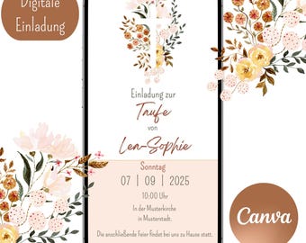 May include: Digital invitation design on a smartphone screen. The invitation features floral arrangements, a cross, and text in German. The text includes "Einladung zur Taufe von Lea-Sophie" and event details. The design has a soft, pastel color palette.