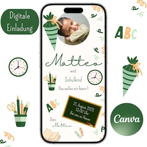 School enrollment invitation, boy, schoolchild, school, school cone, digital invitation, Canva template, invitation card, WhatsApp, customizable