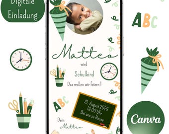 Invitación de inscripción escolar, niño, escolar, escuela, cono escolar, invitación digital, plantilla Canva, tarjeta de invitación, WhatsApp, personalizable