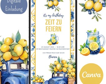 Digital birthday invitation, Canva template, invitation card, WhatsApp, customizable, birthday invitation, lemon, summer, Mediterranean